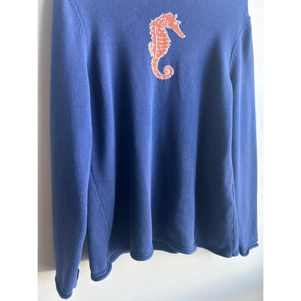 Appleseed's Blue Seahorse Long Sleeve Sweater Womens Medium